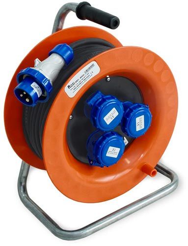 Rosi HO7RNF 3G2.5 Carrete de cable industrial de 30 m, 3 interruptores, 16 A, 2P+E, IP67, interruptor térmico